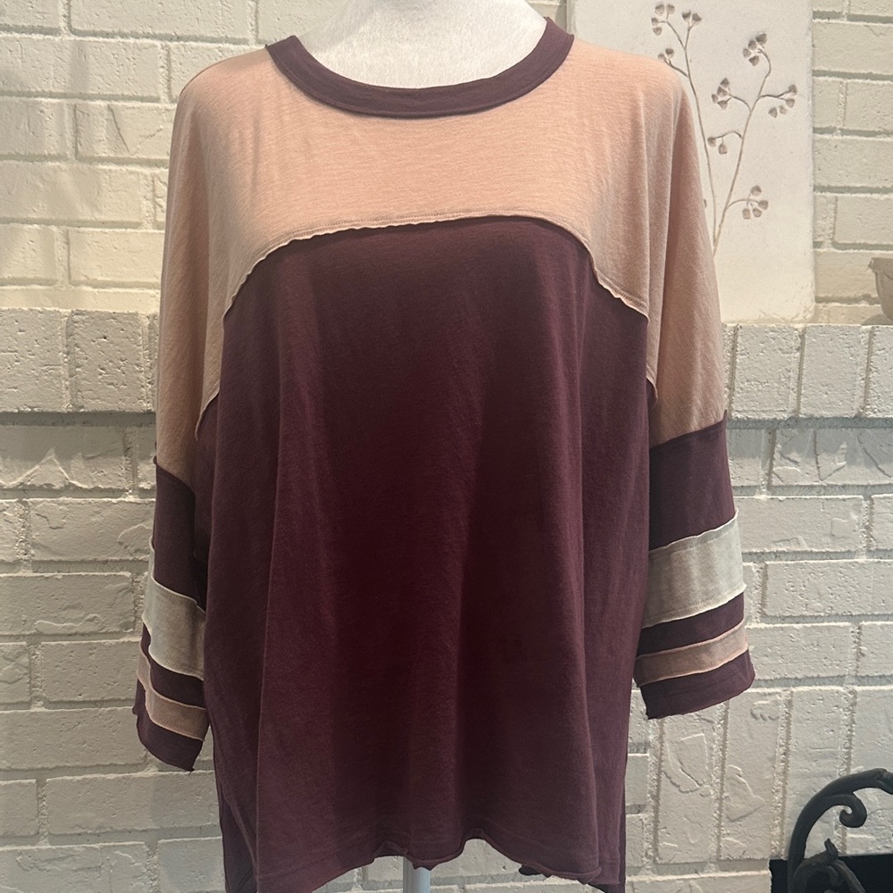 Women's Colorblock Long Sleeve Top in Burgundy and Blush